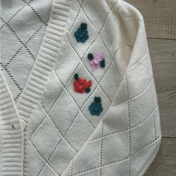 Ivory Diamond-Knit Cardigan with Floral Embroidery Cottagecore Cardigan - Picture 3 of 9